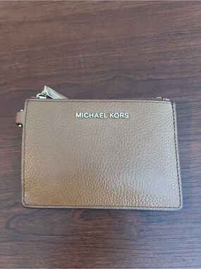 Michael Kors Brown Pebbled Leather Zip Card Wallet with Gold Logo
